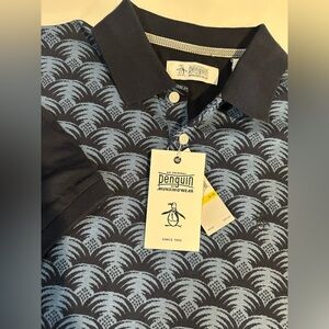 Original Penguin Polo Shirt Men’s Size Medium Golf Sapphire Blue Palm Print  NEW
